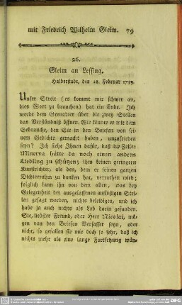 26. Gleim an Lessing. Halberstadt, den 28. Febr. 1759