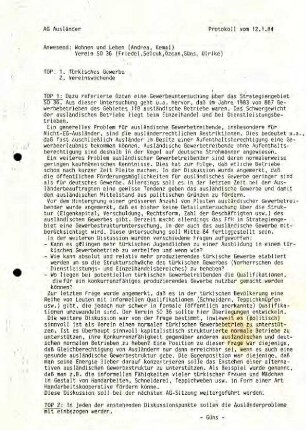 Sitzungsprotokolle: Arbeitsgruppe Ausländer im Verein SO 36, 1984