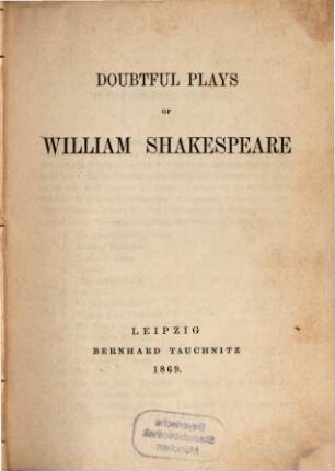 Doubtful plays of William Shakespeare