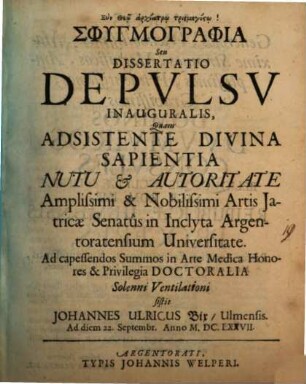Sphygmographia, Seu Dissertatio De Pvlsu Inavgvralis [pulsu inauguralis]