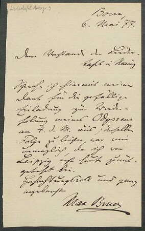 Brief von Max Bruch an Mainzer Liedertafel