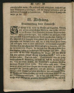 III. Abtheilung. Beantwortung derer Einwürffe