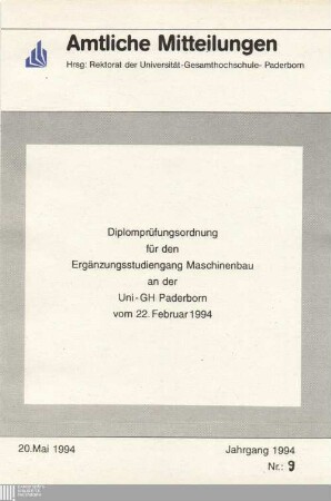 Diplomprüfungsordnung für den Ergänzungsstudiengang Maschinenbau an der Uni-GH Paderborn : vom 22. Februar 1994