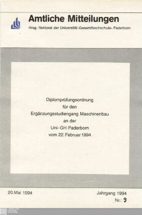 Diplomprüfungsordnung für den Ergänzungsstudiengang Maschinenbau an der Uni-GH Paderborn : vom 22. Februar 1994