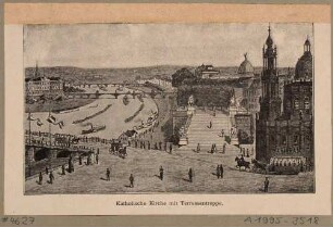 Stadtansicht von Dresden, Blick aus der Vogelperspektive auf den Schlossplatz und die Elbe mit der Treppe zur Brühlschen Terrasse und der Katholischen Hofkirche