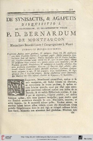 Disquisitio I: De Synisactis, & Agapetis. Ad Clarissimum, ac Eruditissimum Virum P.D. Bernardum de Montfaucon