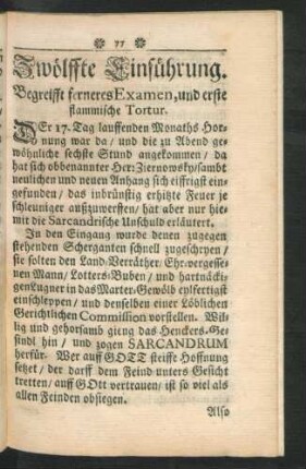 Zwölffte Einfühung. Begreifft ferneres Examen, und erste flammische Tortour