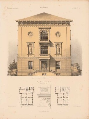 Wohnhaus, Halle/Saale: Grundrisse, Ansicht, Detail (aus: Architektonisches Skizzenbuch, H. 95/1, 1869)