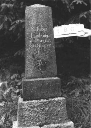 Grabstein 186 (Index: 100106287) Material: Granit Zustand: gut Maße HxBxT: 167x44x23 cm Beschreibung: obeliskenartige Stele, getreppter Sockel: Grabstein 186
