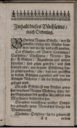 Inhalt dieses Büchleins/ nach Ordnung (ohne Seitenzahlen)
