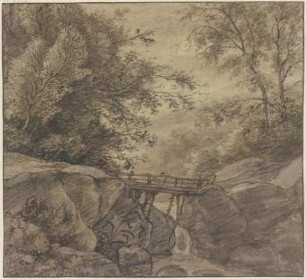 Waldbach, der über Felsen stürzt, über die eine Holzbrücke führt