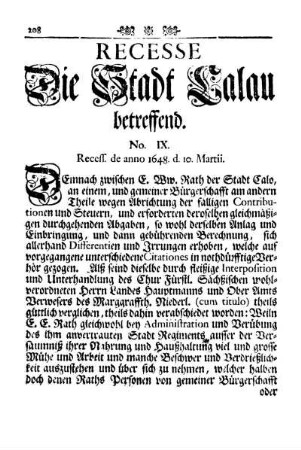 Recesse die Stadt Calau betreffend.