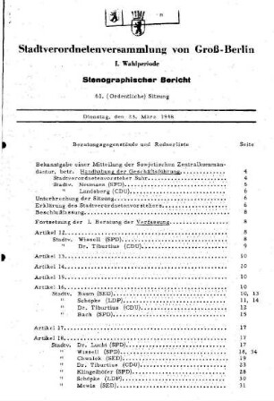 Nr. 61, 23. März 1948, Ordentliche Sitzung