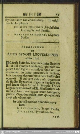 Apographum ex Actis Synodi Leoverdiensis anno 1626