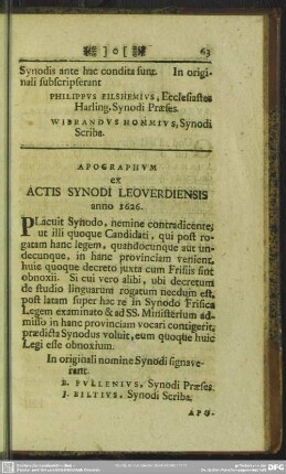 Apographum ex Actis Synodi Leoverdiensis anno 1626