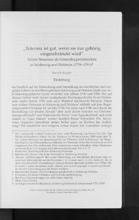"Toleranz ist gut, wenn sie nur gehörig eingeschränckt wird". Adam Struensee als Generalsuperintendent in Schleswig und Holstein (1759-1791) : Adam Struensee als Generalsuperintendent in Schleswig-Holstein (1759-1791)
