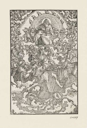 Thronvision des Johannes , aus: Martin Luther, "Das newe testament deutzsch", Wittenberg 1524, ohne Paginierung [4. Kapitel Offenbarung]