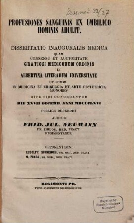 Profusiones sanguinis ex umbilico hominis adulit (sic) : Diss. inaug.