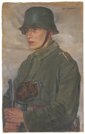 Soldat mit Stahlhelm und Gasmaske