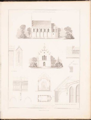 Katholische Kirche, Sabartowo: Seitenansicht, Vorderansicht, Grundriss, sechs Details (aus: Entwürfe zu Kirchen, Pfarr- und Schulhäusern, hrsg. von der Kgl. Preuß. Oberbaudeputation, 1845-1855)