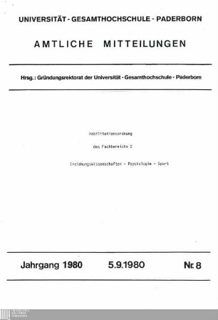 Habilitationsordnung des Fachbereichs 2, Erziehungswissenschaften - Psychologie - Sport : 5.9.1980