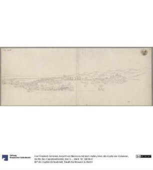 Ansicht von Messina mit dem Hafen, links die Küste von Kalabrien, rechts das Kapuzinerkloster, das Gebirge und zwei Kastelle