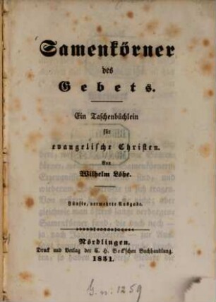 Samenkörner des Gebets : ein Taschenbüchlein für evangelische Christen