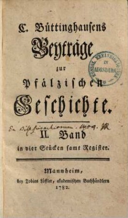 C. Büttinghausens Beyträge zur Pfälzischen Geschichte, 2