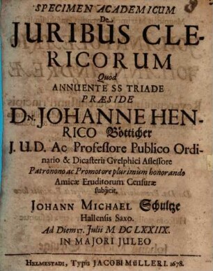 Specimen Academicum De Iuribus Clericorum