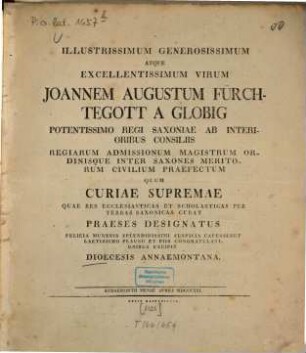 Illustrissimum ... Joannem Augustum Fürchtegot a Globig ... piis congratulationibus excipit dioecesis Annaemontana