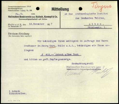Einschreiben Schecksendung des Halleschen Bankvereins