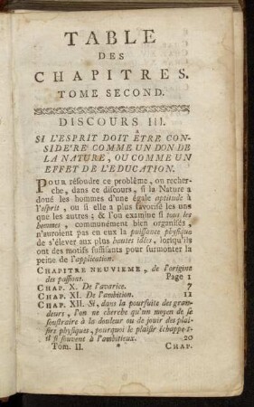 Table des Chapitres. Tome Second.