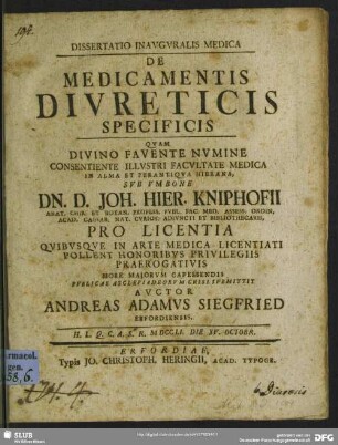 Dissertatio Inauguralis Medica De Medicamentis Diureticis Specificis