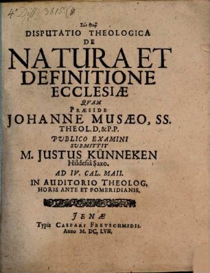 Disputatio Theologica De Natura Et Definitione Ecclesiae