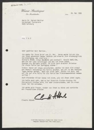 Brief an Gerard Mortier an Salzburger Festspiele, 26.05.1990