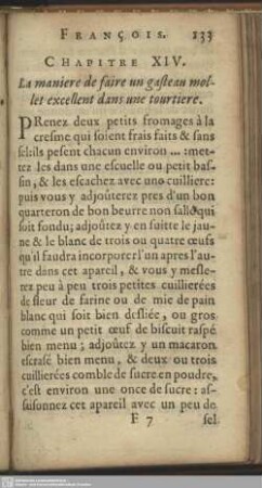 Chapitre XIV. La maniere de faire un gasteau mollet excelient dans une tourtiere