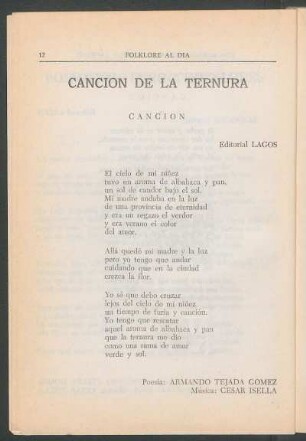 Canción de la Ternura : Canción. - Editorial Lagos