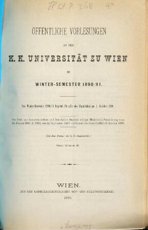 Vorlesungsverzeichnis. 1890/91. WS