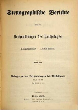 Verhandlungen des Reichstages. Stenographische Berichte. 89. 1885/86