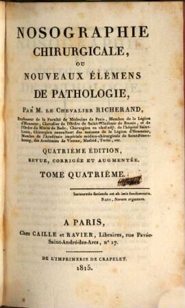 Nosographie chirurgicale, ou nouveaux élémens de pathologie, 4