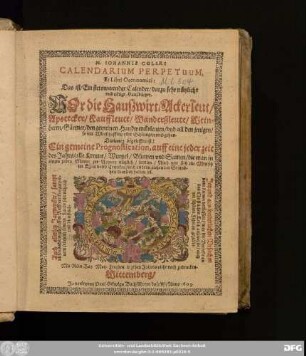 M. Johannis Coleri Calendarium Perpetuum, Et Libri Oeconomici: Das ist/ Ein stetswerender Calender/ darzu sehr nützliche und nötige Haußbücher : Vor die Haußwirt/ Ackerleut/ Apotecker/ Kauffleute/ Wanderßleute/ Weinherrn/ Gärtner/ den gemeinen Handwercksleuten ... ; Darinnen begrieffen ist: Ein gemeine Prognostication, auff eine jeder zeit des Jahrs/ alle Kreuter/ Wurtzel/ Blumen und Samen/ die man in einem jeden Monat zur Artzney nützlich/ samlen ... sol ; Auch allerley Jarmerckte ...