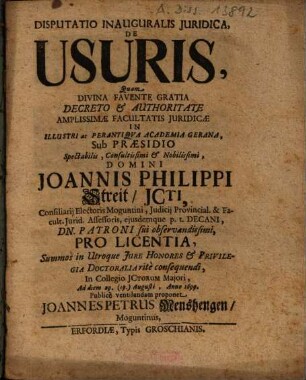Disputatio Inauguralis Juridica, De Usuris