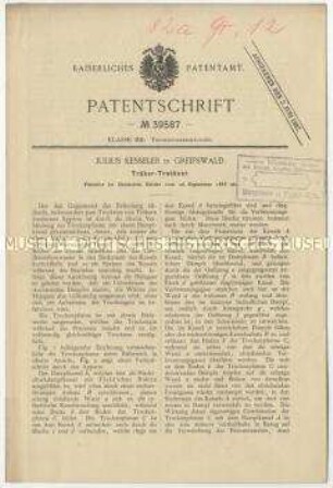Patentschrift eines Träber-Trockners, Patent-Nr. 39587