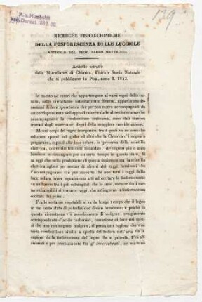 Ricerche Fisico-Chimiche della Fosforescenza delle Lucciole