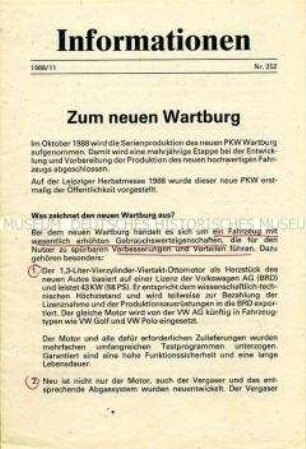 Parteiinformation der SED über den neuen PKW Wartburg