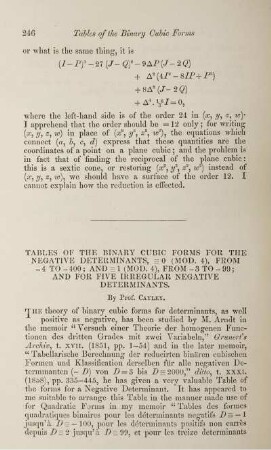 Tables of the binary cubic forms for the negative determinants, ... 0 (Mod.4), from -4 to -400; and ... 1 (Mod. 4), from -3 to -99; and for five five irregular negative determinants.