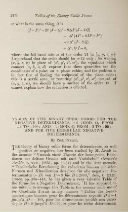 Tables of the binary cubic forms for the negative determinants, ... 0 (Mod.4), from -4 to -400; and ... 1 (Mod. 4), from -3 to -99; and for five five irregular negative determinants.