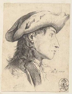 Bildnis eines Mannes mit Hut in Profil nach rechts, aus der Folge "Prove d'aqua forte" oder "Têtes et Croquis"