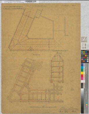 Erweiterungsbau des Geschäftsgebäudes der Kgl. Eisenbahndirektion Essen, Blatt 5: Bankettgrundriß, Dachgeschoßgrundriß mit Sparrenlage, Schnitt, M. 1:100 Hgv, Sknr.: 1, Fanr.: 11, Bunr.: 42