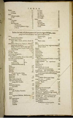Index latinus, exhibens genera & species vegetabilium, cum praeparati[i]s Medicinalibus, hoc opere comprehensis.